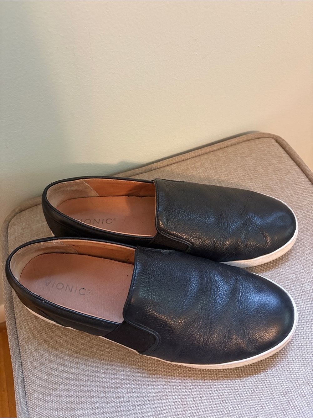 Vionic Black Leather Slip-On Flats with White Soles